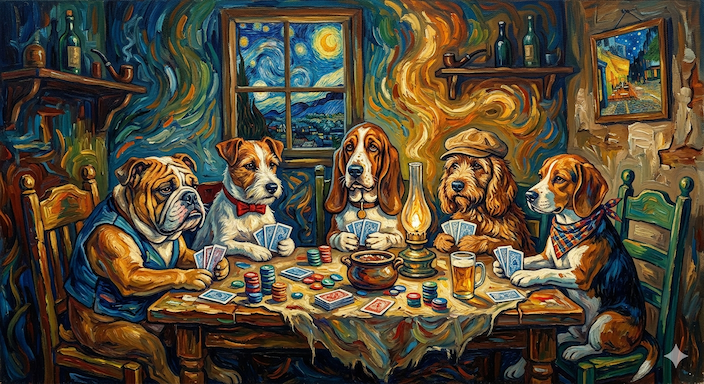 dogs playing poker in the style of Van Gogh